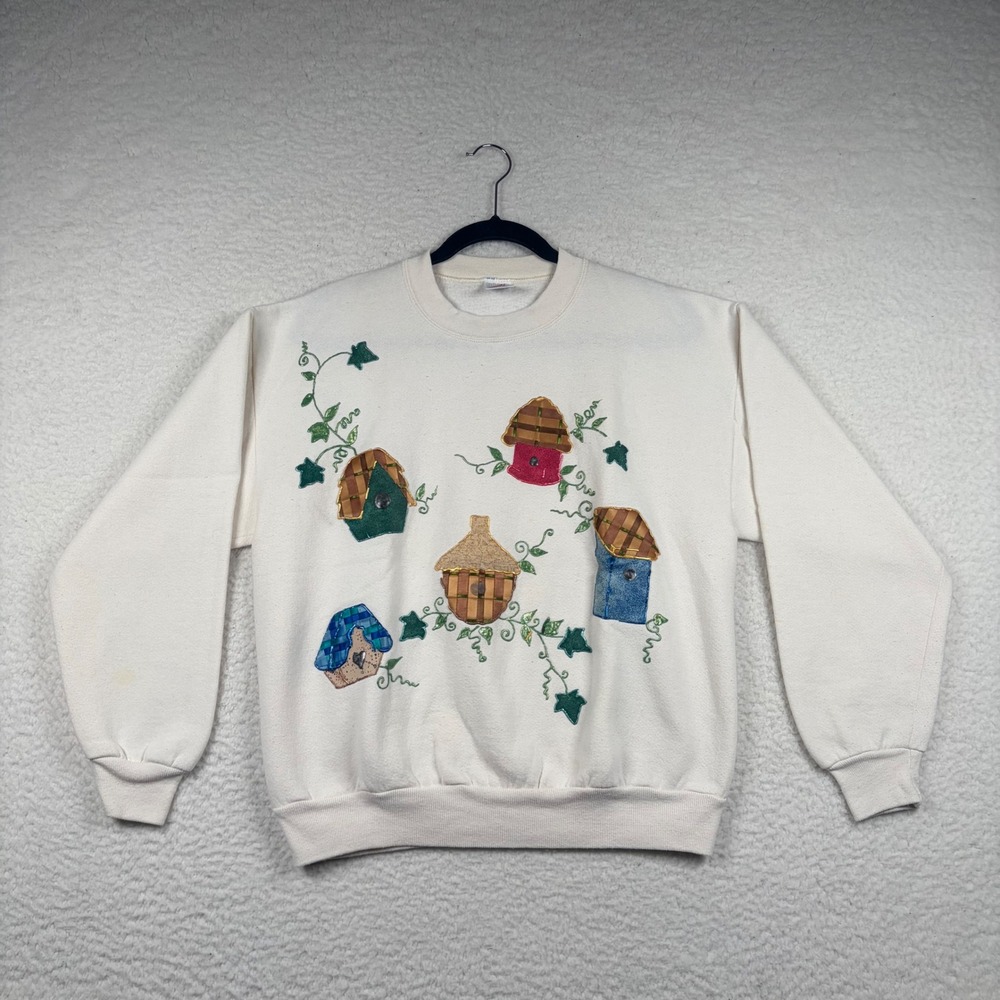 Jerzees Sweatshirt Vintage Birdhouse Embroidery M Cream Cottagecore Grandma